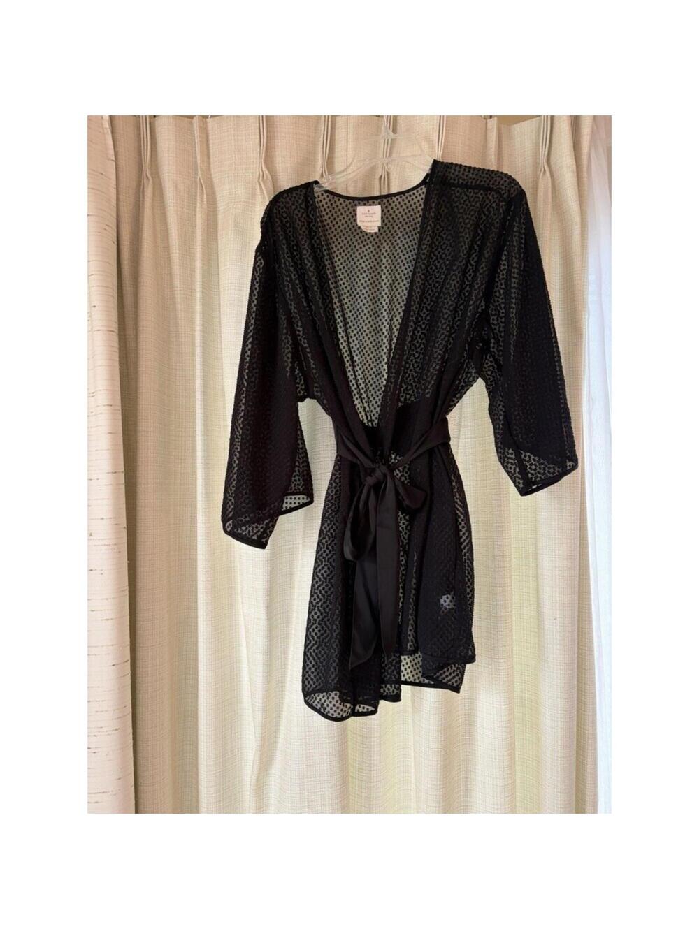 Kate Spade Robe L / XL Black Sheer Polka Dot Kimono Chiffon Bow Belt Bridal